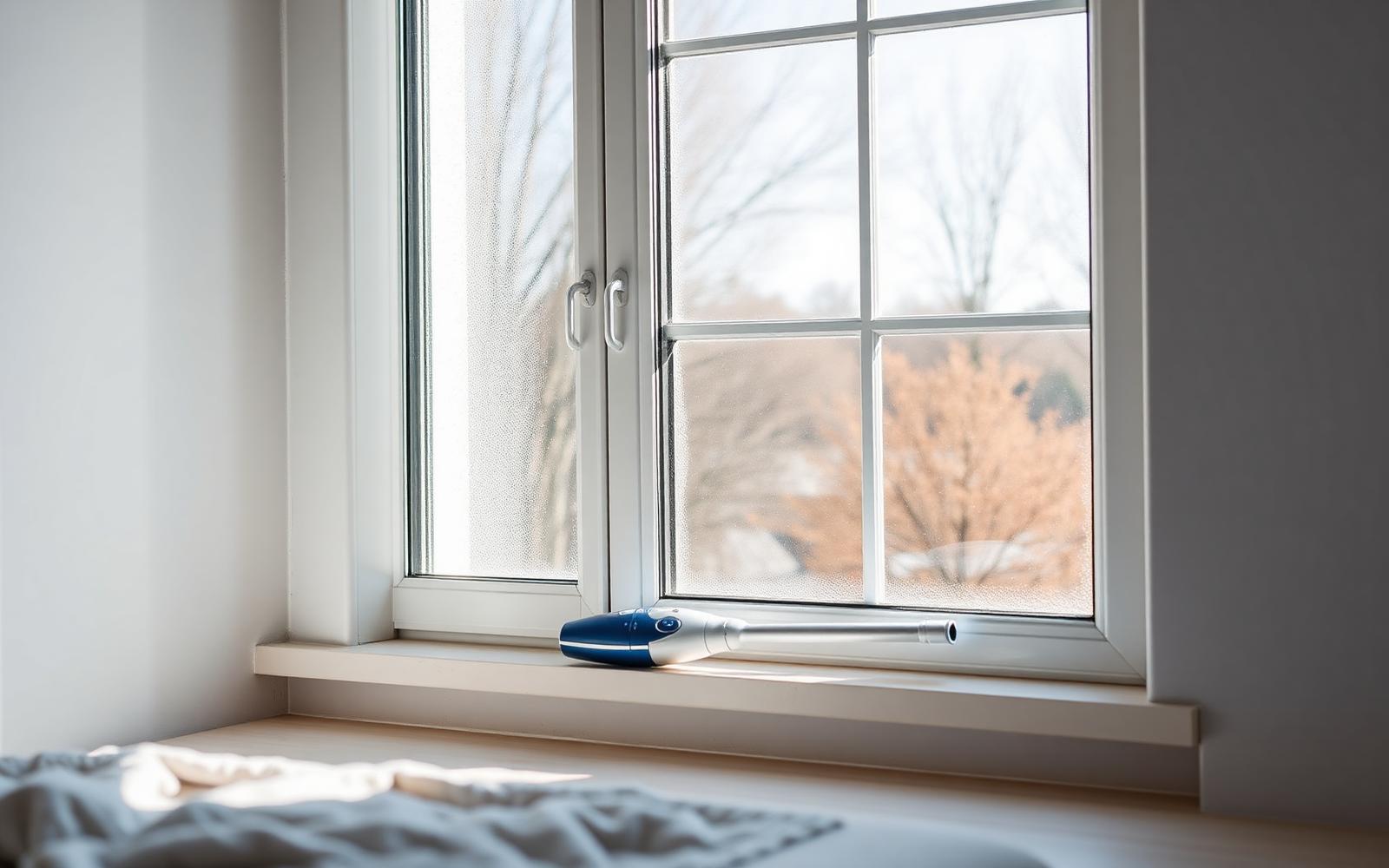 Cordless window vacuum beside a condensation-covered window